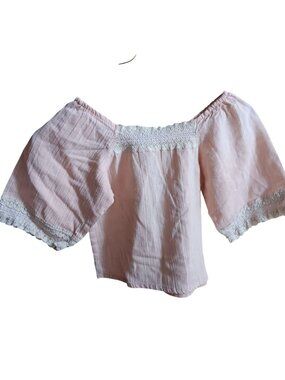 True Vintage Pink Peasant Blouse Girls 7 Lace Puff Sleeves Off-Shoulder Boho 70s